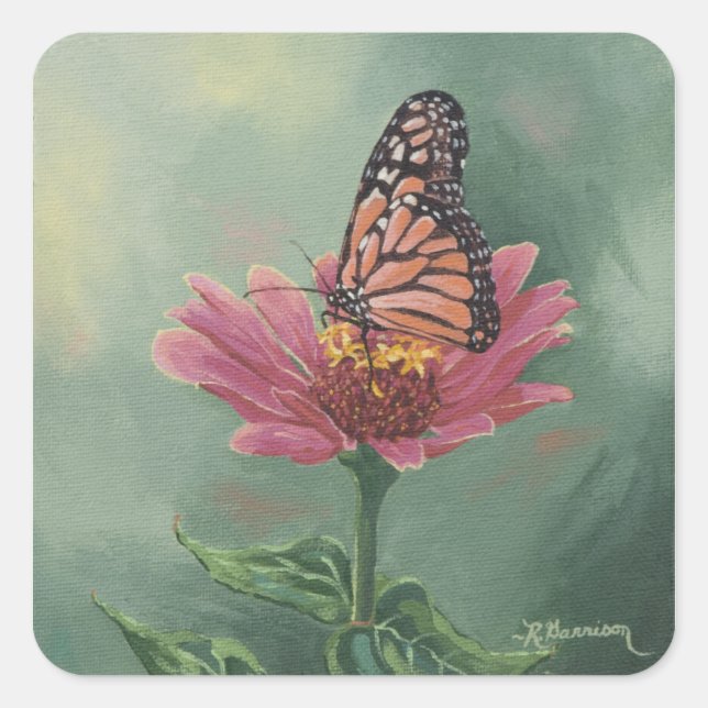 0465 Monarch Butterfly on Zinnia Square Sticker (Front)