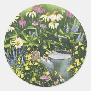 0530 Cone Flowers & Watering Can Classic Round Sticker