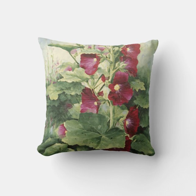 0536 Burgundy Hollyhocks Throw Pillow (Front)