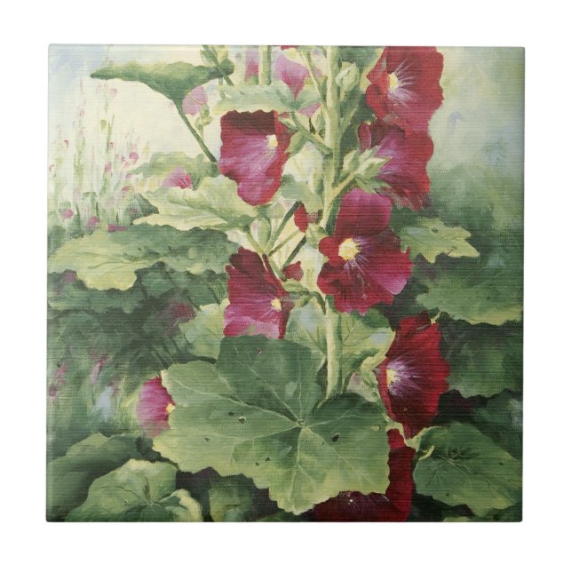 0536 Burgundy Hollyhocks Tile (Front)
