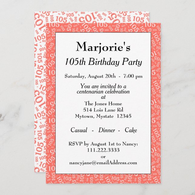 05th Birthday Party Coral/White Number Pattern Invitation (Front/Back)