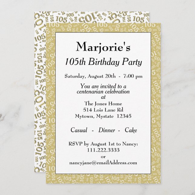 05th Birthday Party Gold/White Number Pattern Invitation (Front/Back)