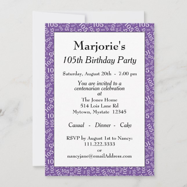 05th Birthday Party Purple/White Number Pattern Invitation (Front)