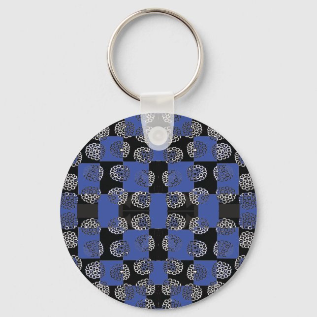 083 Flowers On Chequerboard Blue_Panel.ai Key Ring (Front)