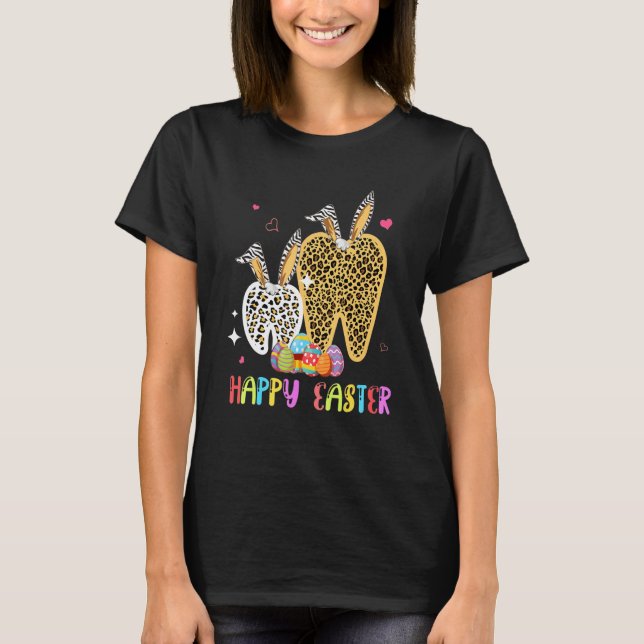 0 Happy Easter Cute Leopard Bunny Tooth Easter Egg T-Shirt (Front)