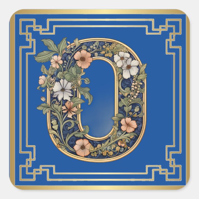 0 Monogram blue floral AI-generated Square Sticker (Front)