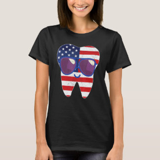 0 Retro Teeth Us Flag Glasses 4th Of July Dentist  T-Shirt