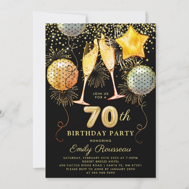 0th Birthday Party Gold Black Glitter Confetti    Invitation (Front)