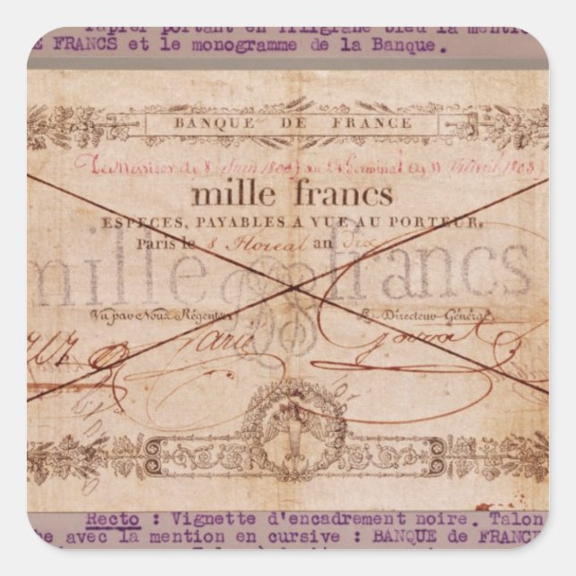 1000 Francs banknote from 8 Floreal, An X Square Sticker (Front)