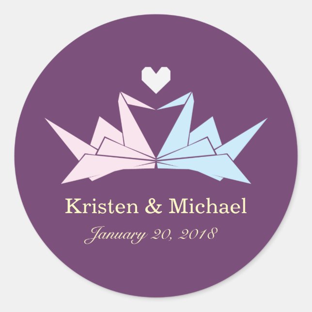 1000 Hanging Origami Paper Cranes Wedding (Purple) Classic Round Sticker (Front)