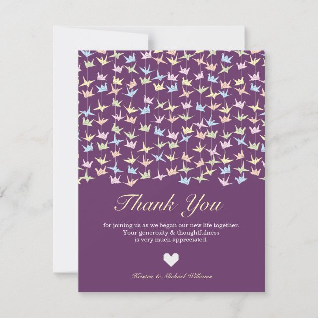 1000 Hanging Origami Paper Cranes Wedding (Purple) Thank You Card (Front)