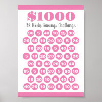 1000 Savings Challenge Pink 52 Weeks Printable