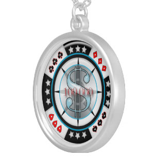 $100,000.00 Gambling Poker Chip Silver Plated Necklace