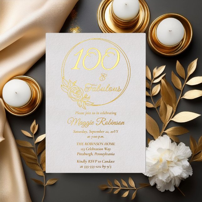 100 and Fabulous 100th Birthday Party Stamped (Simply Elegant Rose Wreath "100 and Fabulous" 100th Birthday Party Stamped Foil Invitation)