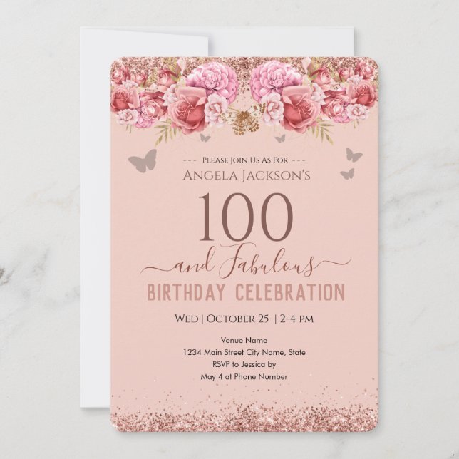 100 and Fabulous Adult Birthday Pink Invitation (Front)
