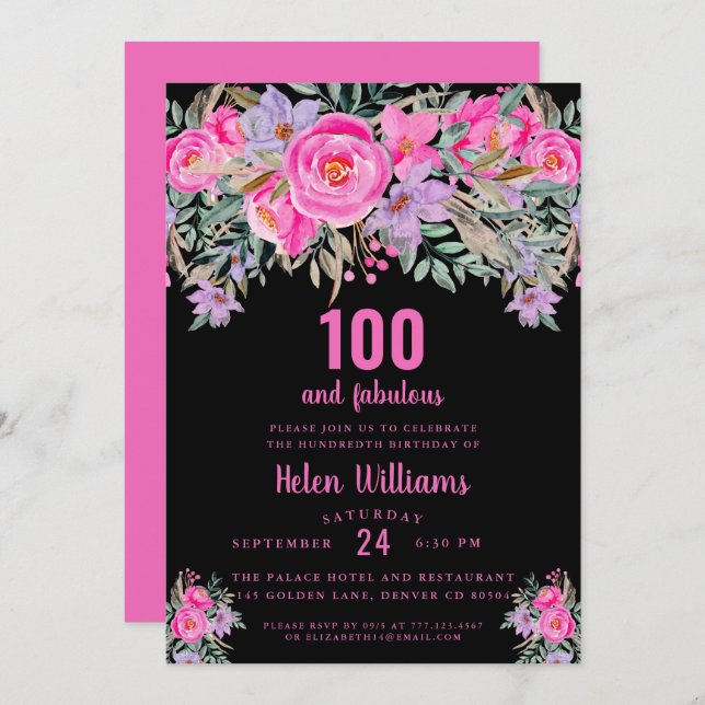 100 and fabulous black pink 100th birthday invitation (Front/Back)