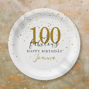 100 and Fabulous Gold Black Birthday Party Paper Plate