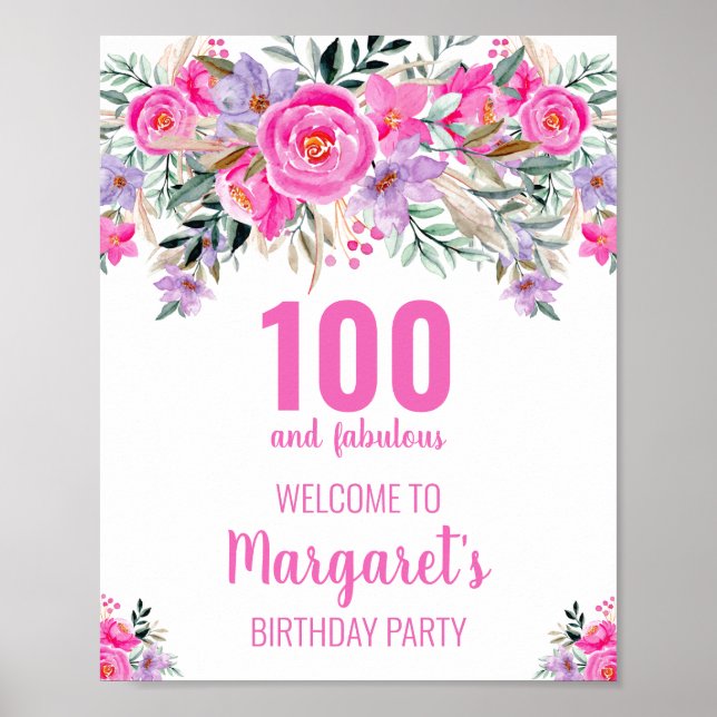 100 and fabulous pink elegant birthday party  poster (Front)