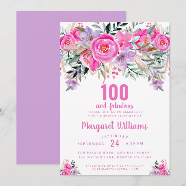 100 and fabulous purple pink 100th birthday  invitation (Front/Back)