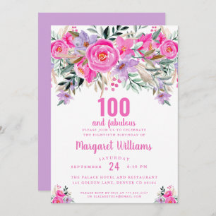 100 and fabulous purple pink 100th birthday  invitation