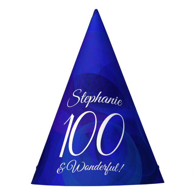 100 and Wonderful Elegant Royal Blue Birthday Party Hat (Front)