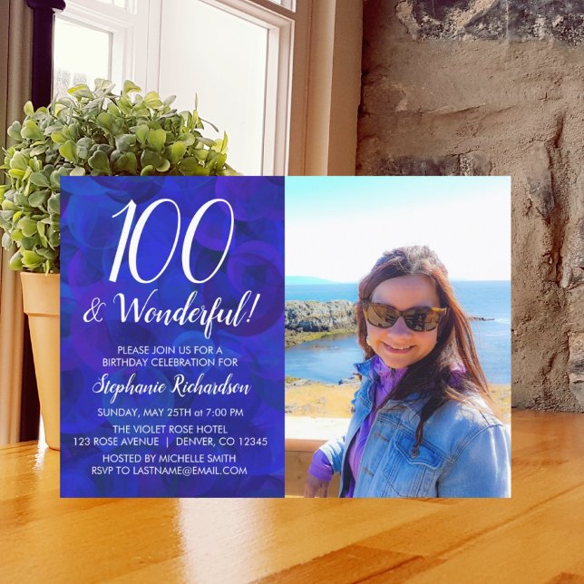 100 and Wonderful Royal Blue Photo Birthday Invitation (Creator Uploaded)
