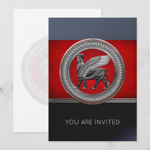 [100] Assyrian Winged Bull: Silver & Black Lamassu Invitation