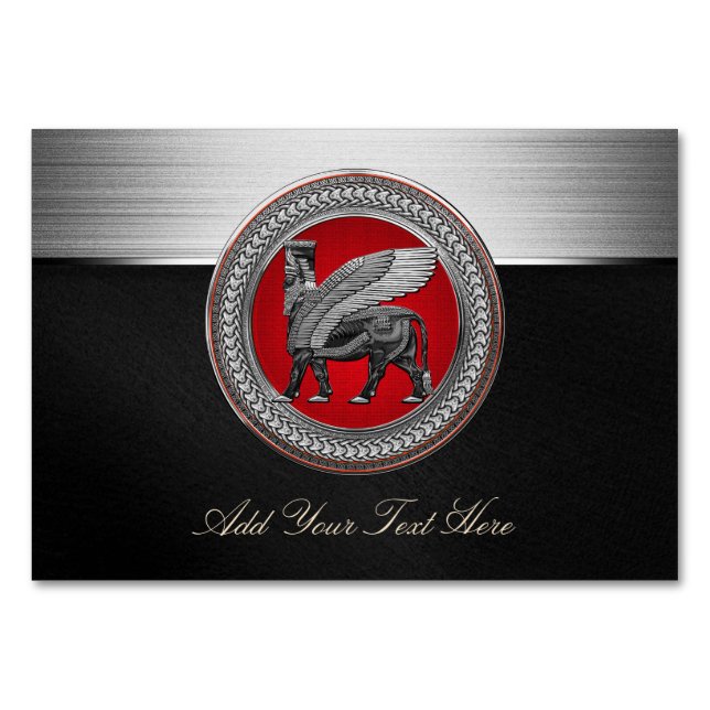 [100] Assyrian Winged Bull: Silver & Black Lamassu Table Number (Front)