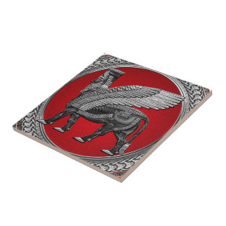 [100] Assyrian Winged Bull: Silver & Black Lamassu Tile