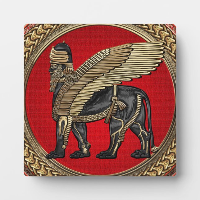 [100] Assyrian Winged Lion: Gold & Black Lamassu Plaque (Front)