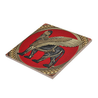 [100] Assyrian Winged Lion: Gold & Black Lamassu Tile