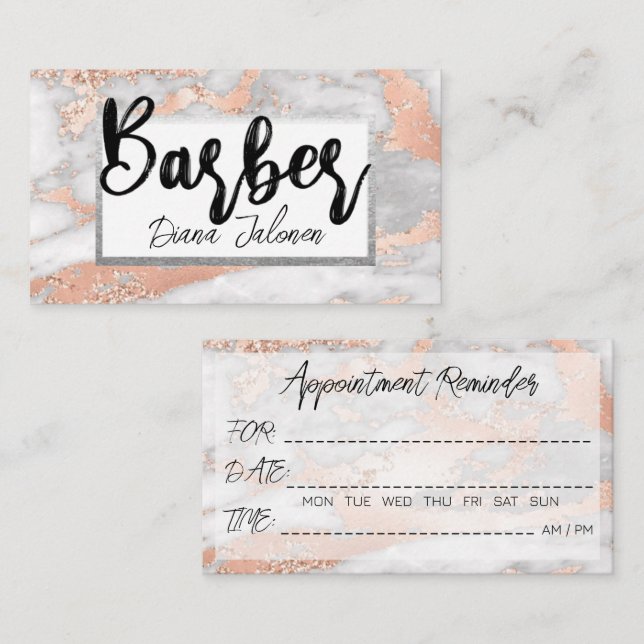 100 Barber Appointment Reminder Pink Marble Business Card (Front/Back)