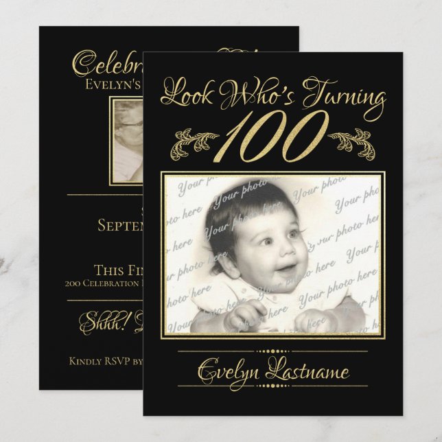 100 Birthday Elegant Photo Gold and Black Invitation (Front/Back)