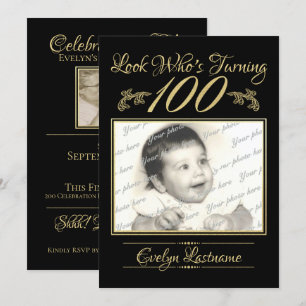 100 Birthday Elegant Photo Gold and Black Invitation