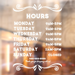 100% Customizable Store Hours Window Cling