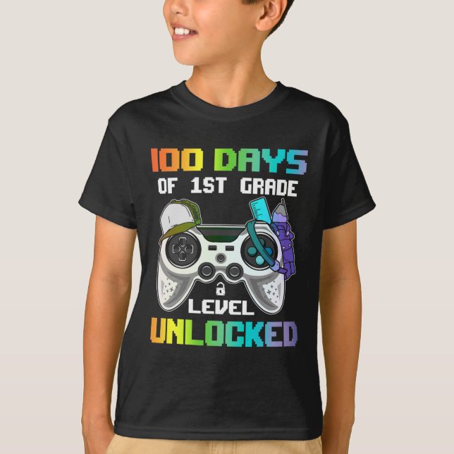 100 Days Of 1st Grade Level Unlocked Gamer Video G T-Shirt (Front)