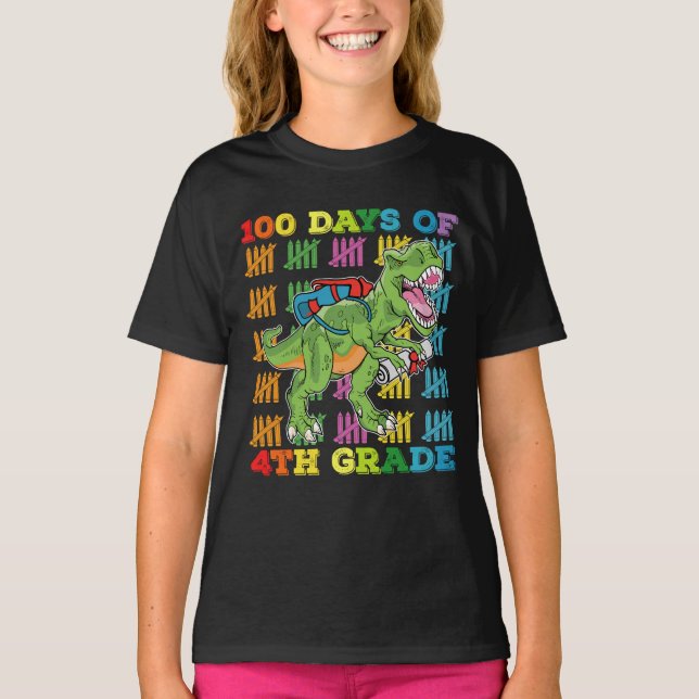 100 Days Of 4th Grade T Rex Dinosaur School T-Shirt (Front)