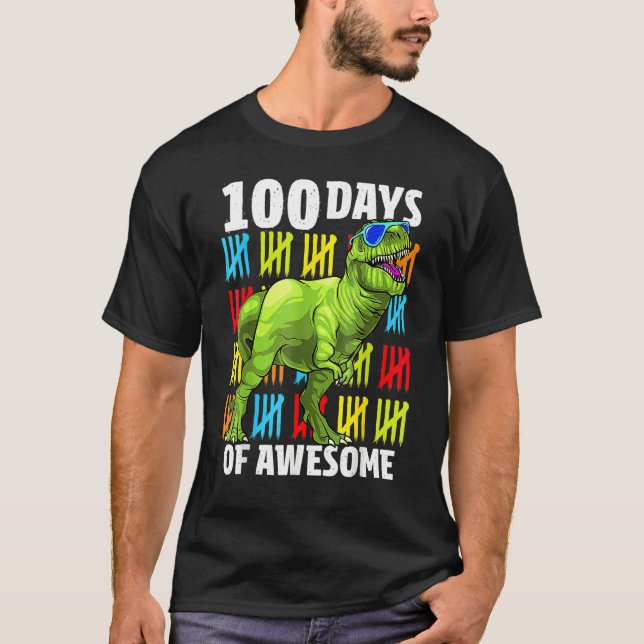 100 Days of Awesome Dinosaur Rex Boys 100th Day Of T-Shirt (Front)