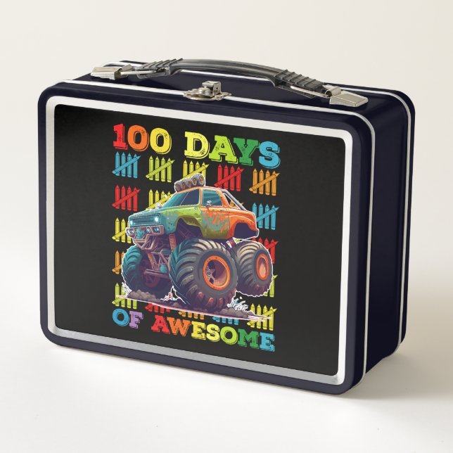 100 Days Of Awesome Monster Truck 100th Day School Metal Lunch Box (Front)