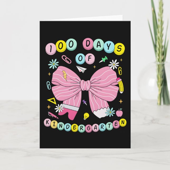 100 Days of Kindergarten Cute Pink Bow  Card (Front)