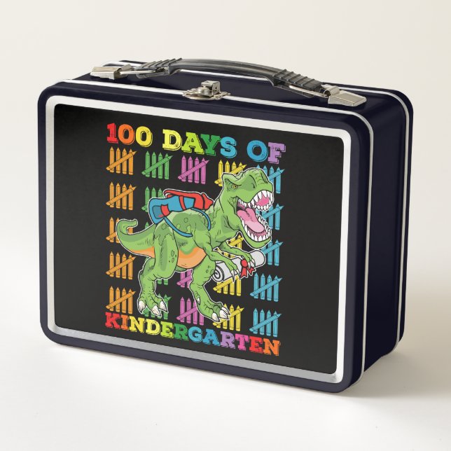 100 Days Of Kindergarten T Rex Dinosaur School Metal Lunch Box (Front)