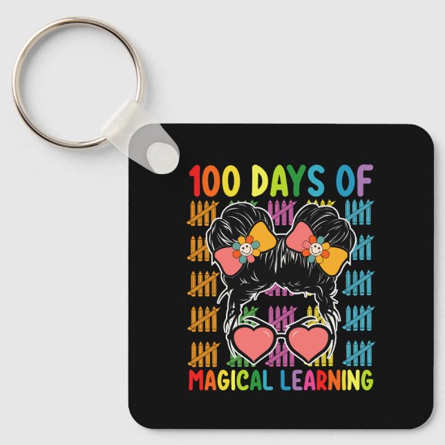 100 Days Of Magical Learning Messy Bun School Key Ring (Front)