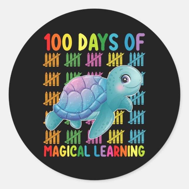 100 Days Of Magical Learning Turtle School Classic Round Sticker (Front)