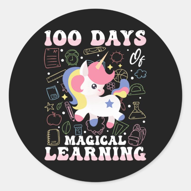 100 Days Of Magical Learning Unicorn Design  Classic Round Sticker (Front)