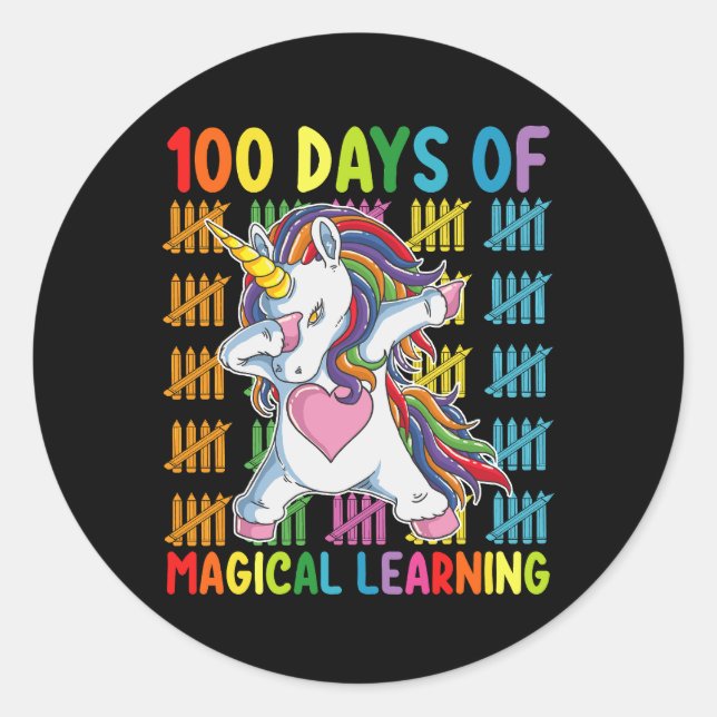 100 Days Of Magical Learning Unicorn School Classic Round Sticker (Front)