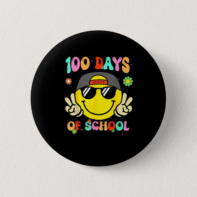 100 Days Of School 100th Day Smile Groovy Face Tea 6 Cm Round Badge (Front)