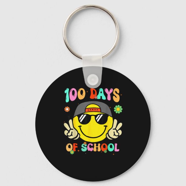 100 Days Of School 100th Day Smile Groovy Face Tea Key Ring (Front)