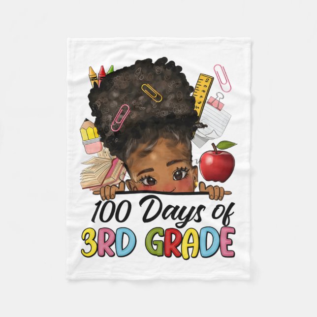 100 Days Of School 3rd Grade Afro Girl Messy Bun H Fleece Blanket (Front)
