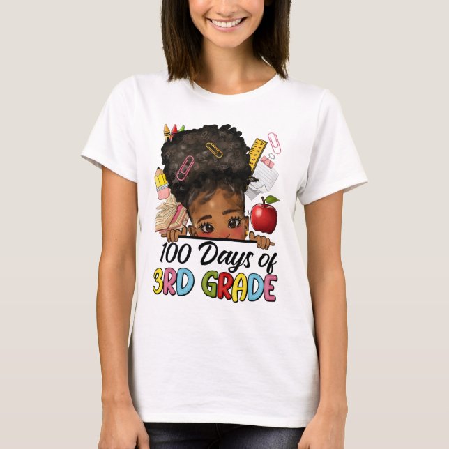 100 Days Of School 3rd Grade Afro Girl Messy Bun H T-Shirt (Front)