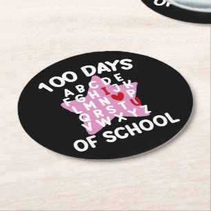 100 Days Of School Alphabet 100th Day Teacher  Round Paper Coaster